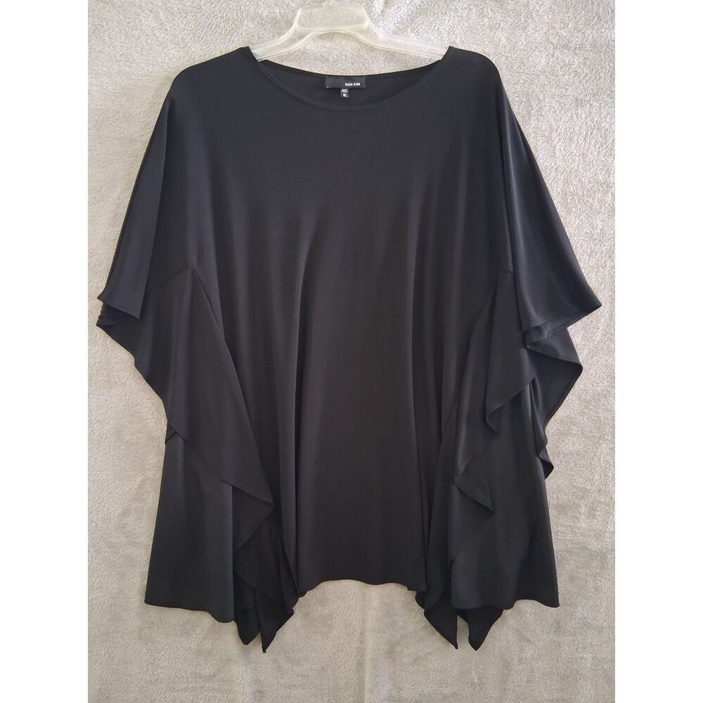 Sun Kim XL Tunic Top Black Artsy Lagenlook Minimalist Dolman Stretch Knit Flowy‎